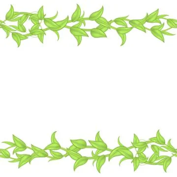 Horizontal seamless vector border or frame of green leaves and stems isolated Illustration