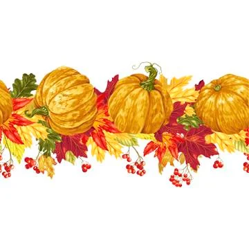 Horizontal seamless vector line with autumn leaves and pumpkins, and berries Stock Illustration