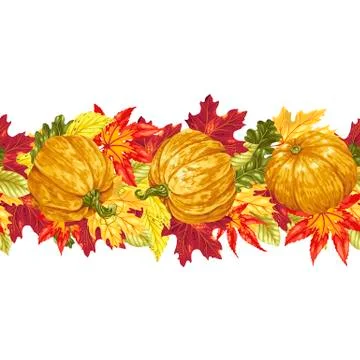 Horizontal seamless vector line with autumn leaves and pumpkins Stock Illustration