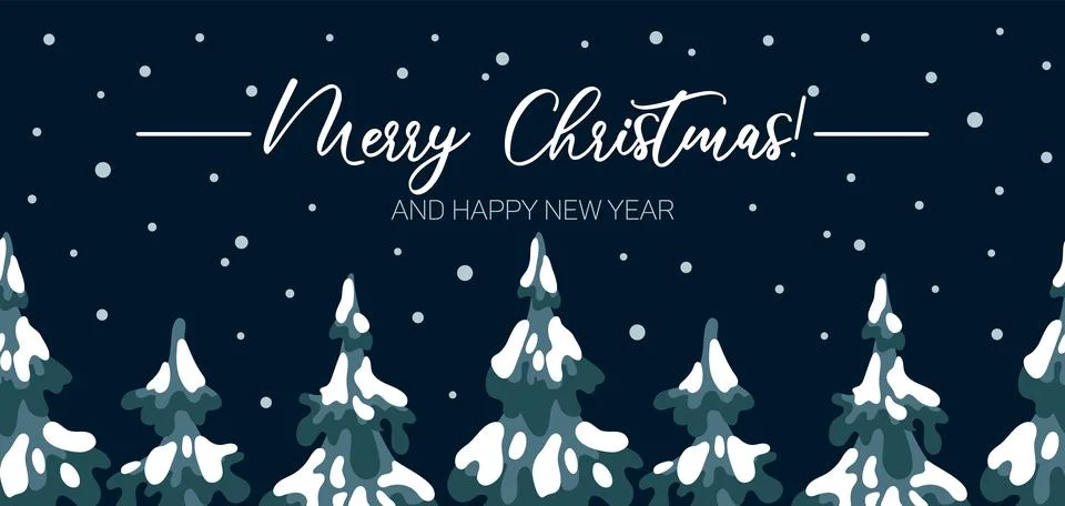 Horizontal seamless vector scene with snow-covered spruce trees, twinkling stars Stock Illustration