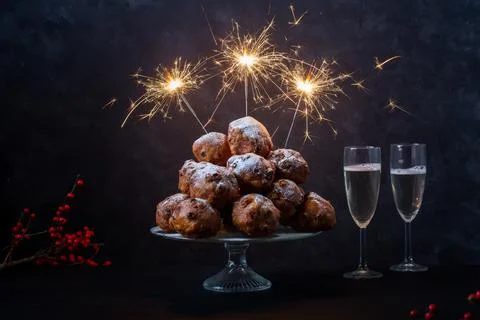 Horizontal shot of a stack of oliebollen (translation: Dutch dough firitters) 写真素材