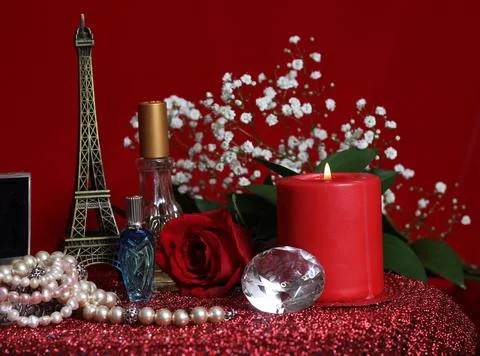 Horizontal shot of a table with romantic objects Stock Photos