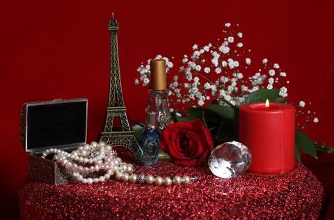 Horizontal shot of a table with romantic objects Stock Photos