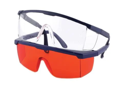 Horizontal side view of two pairs of protective medical eyewear isolated on whit 스톡 사진