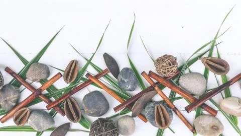 Horizontal spa oriental composition. Dry bamboo, sea pebbles, grass leaves on Stock Photos