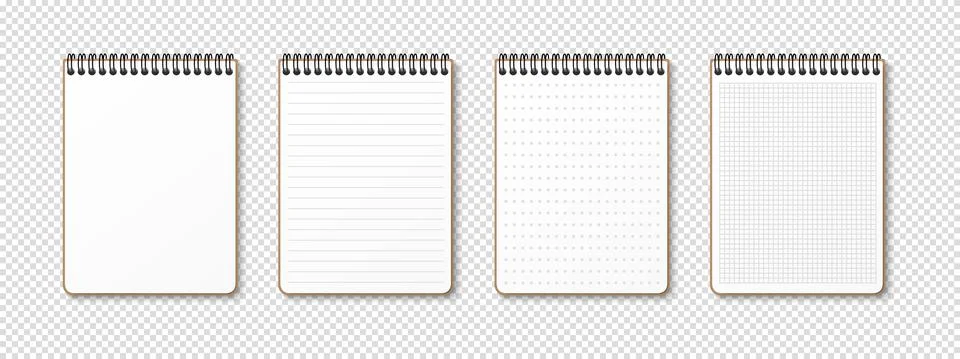 Horizontal spiral spring realistic notepad on transparent background. Lined,  Stock Illustration