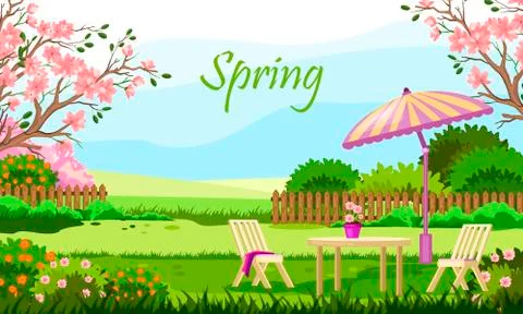 Horizontal spring banner with backyard, blooming bushes, flowers and fence. 스톡 일러스트