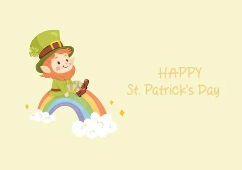 Horizontal St. Patrick's Day greeting card. Cute leprechaun sitting on a ra.. Stock Illustration