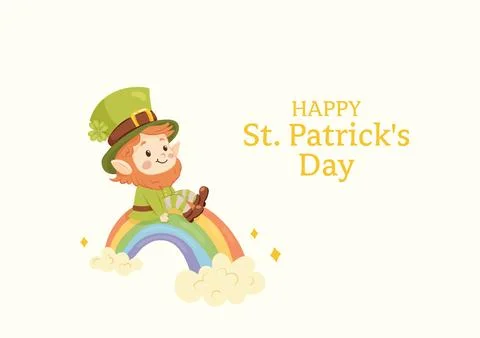 Horizontal St. Patrick's Day greeting card. Cute leprechaun sitting on a ra.. Illustrazione stock