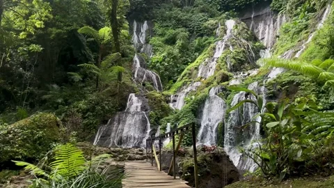 Horizontal Static Shot of Cascade Waterfall with Wooden Bridge Bali Stock Footage 340562404