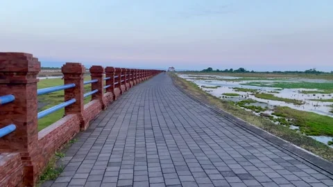 Horizontal Static Shot of Paved Path and Brick Fence in Bali Stock Footage 340002690