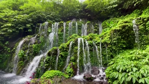 Horizontal Static Wide Shot of Lush Tropical Curtain Waterfall in Bali Stock Footage 339449897