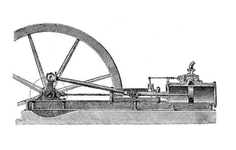 Horizontal steam engine with base plate 1880 Germany Historic digitally 스톡 사진