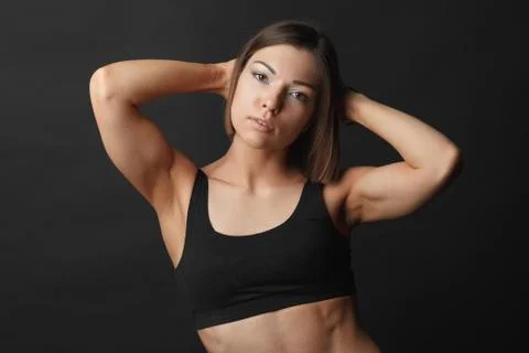 Horizontal Studio half-length portrait of a beautiful girl in excellent physi Foto stock