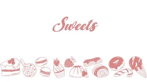 Horizontal template with hand drawn border of sweets Illustrazione stock