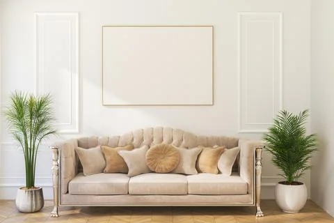 A Horizontal Thin Frame Mockup on Light Wall in Modern Interior. 3D Render. Stock Illustration
