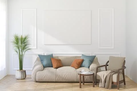 A Horizontal Thin Frame Mockup on Light Wall in Modern Interior. 3D Render. Stock Illustration