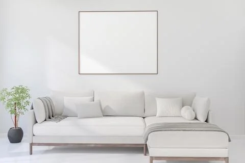 A Horizontal Thin Frame Mockup on Light Wall in Modern Interior. 3D Render. Stock Illustration