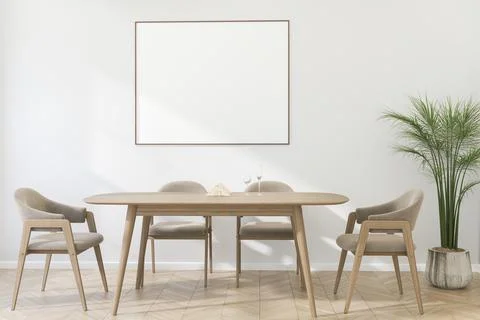 A Horizontal Thin Frame Mockup on Light Wall in Modern Interior. 3D Render. Stock Illustration