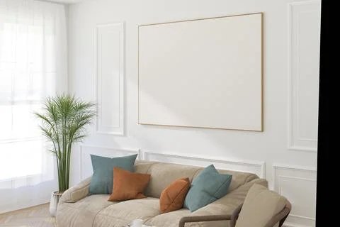 A Horizontal Thin Frame Mockup on Light Wall in Modern Interior. 3D Render. Stockillustratie