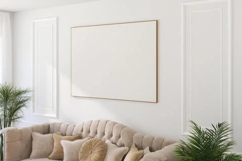 A Horizontal Thin Frame Mockup on Light Wall in Modern Interior. 3D Render. Illustrazione stock