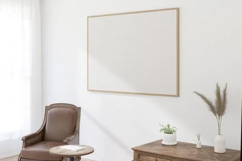 A Horizontal Thin Frame Mockup on Light Wall in Modern Interior. 3D Render. Illustrazione stock