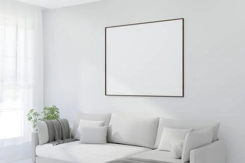 A Horizontal Thin Frame Mockup on Light Wall in Modern Interior. 3D Render. 스톡 일러스트