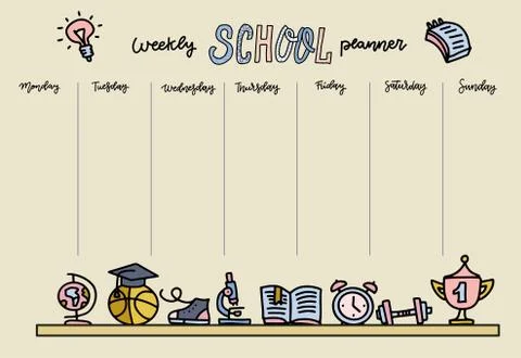 Horizontal Timetable for elementary school. Weekly planner template with cart 스톡 일러스트