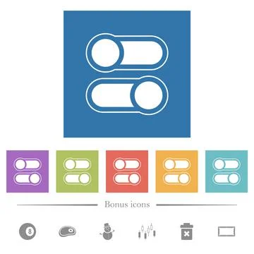 Horizontal toggle switches alternate flat white icons in square backgrounds Illustrazione stock