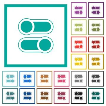 Horizontal toggle switches alternate flat color icons with quadrant frames Illustrazione stock