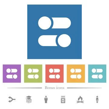 Horizontal toggle switches solid flat white icons in square backgrounds Stock Illustration