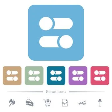 Horizontal toggle switches solid flat icons on color rounded square backgroun Stock Illustration