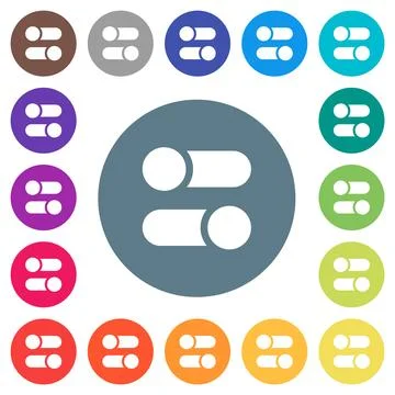 Horizontal toggle switches solid flat white icons on round color backgrounds Illustrazione stock