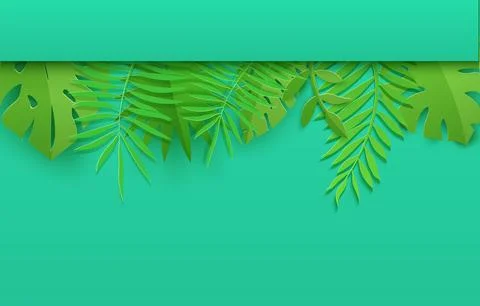 Horizontal top border of summer tropical leaves in paper cut style. Craft jungle Stock Illustration
