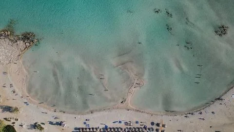Horizontal top down aerial view of Elafonisi beach in Crete Greece with cry.. Stock Photos