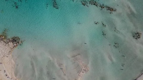 Horizontal top down aerial view of Elafonisi beach in Crete Greece with cry.. Stock Photos