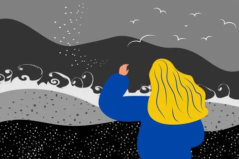 Horizontal vector background. A young girl in a yellow and blue sweater Stock Illustration