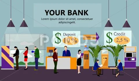 Horizontal vector banner with bank interiors. Finance and money concept. Flat Stock Illustration