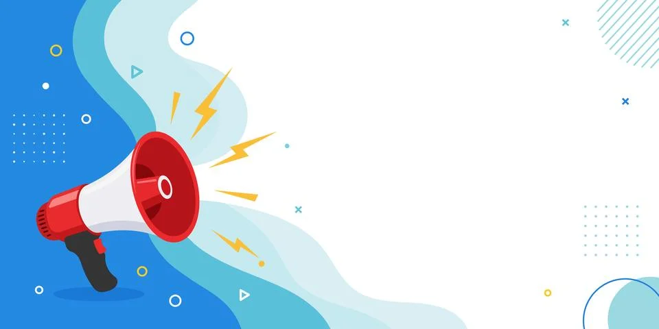 Horizontal vector banner with blue and cyan abstract shapes featuring a red a Illustration