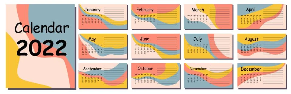 Horizontal vector calendar design template for 2022, abstract design. Stock Illustration