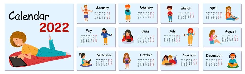 Horizontal vector calendar design template for 2022, flat design. Stock Illustration