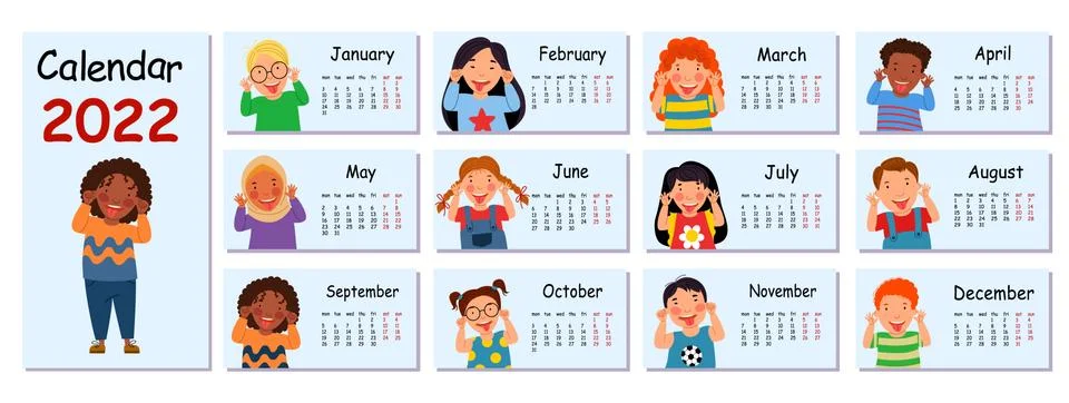 Horizontal vector calendar design template for 2022, flat design. Stock Illustration