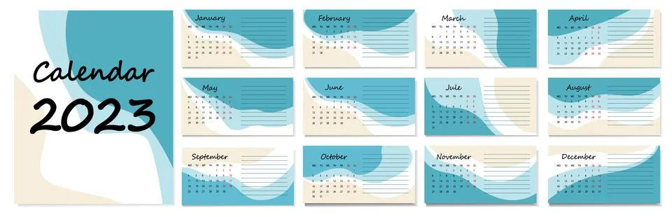 Horizontal vector calendar template for 2023, abstract design. Stock Illustration