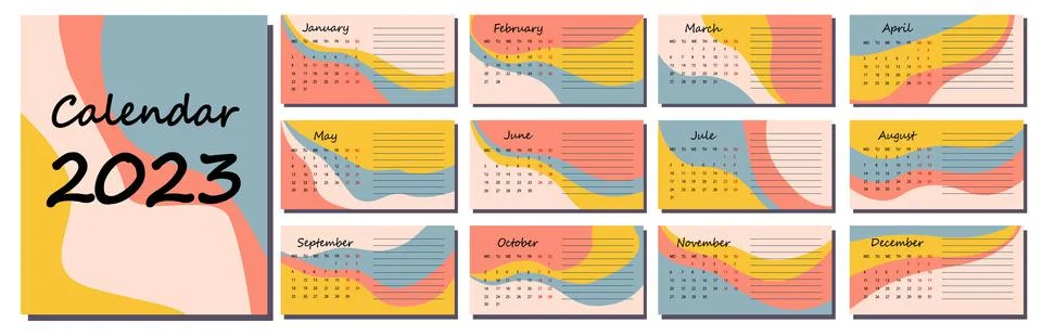 Horizontal vector calendar template for 2023, abstract design. Stock Illustration