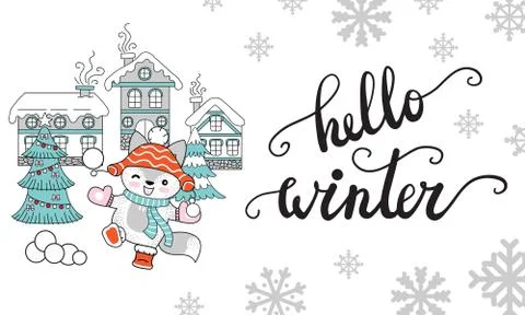 Horizontal vector Christmas card fox hello winter Stock Illustration