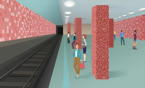 Horizontal vector illustration of the people standing in the subway and waiting Stock Illustration