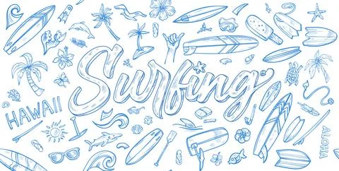 Horizontal vector illustration with a surf themed background, featuring han.. Stock Illustration