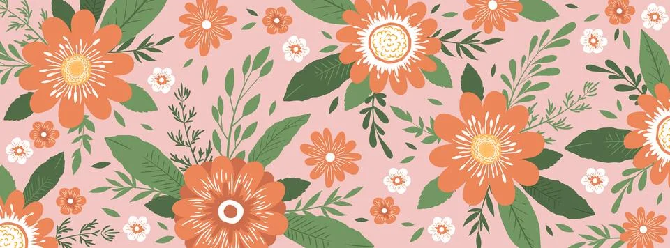 Horizontal vector illustration template with abstract hand drawn flowers an.. Illustrazione stock