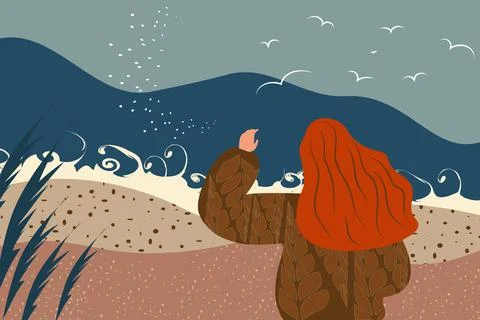 Horizontal vector illustration. Young dreamy girl in a knitted sweater. Stock Illustration