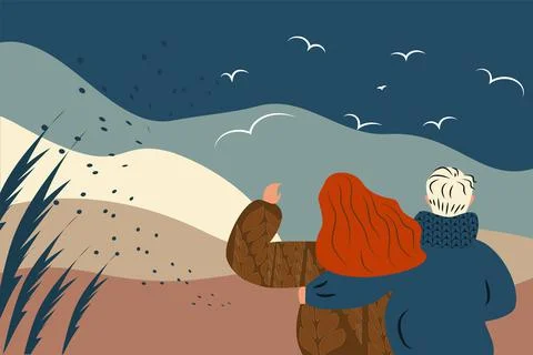 Horizontal vector illustration. Young guy and a girl in a knitted sweater. Stock Illustration